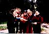 Victory Pie at Monastery Beach<br>Left to right:  Robin ('90), George Lucier ('94), Allen Wicks ('94), Andy Beahrs, ('94) Amber Mace ('93), Tosha Comendant ('95), Soo Kwan ('94)